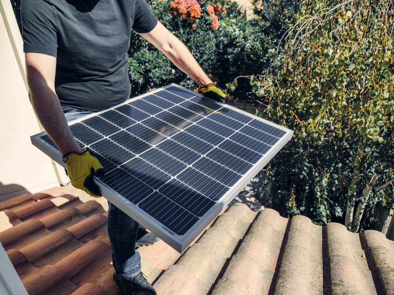 A worker installs a solar panel on a rooftop amidst lush greenery.